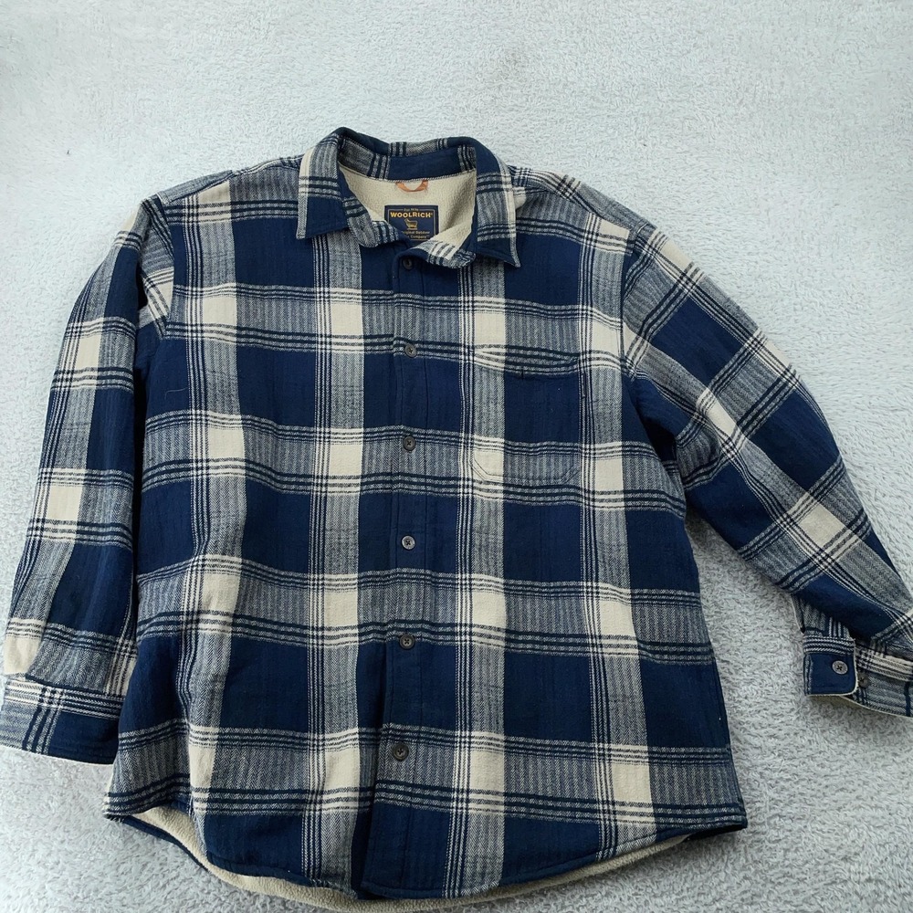 Woolrich Shirt Jacket Mens XL Blue Dark Denim Plaid Fleece Lined Flannel 6219